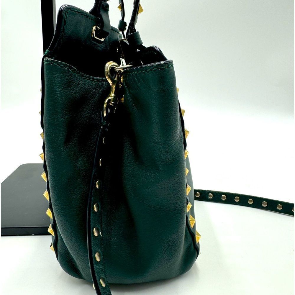 Auth Valentino Garavani Forest Green Leather Rockstud 2way Trapeze Shopper Tote - Picture 5 of 16